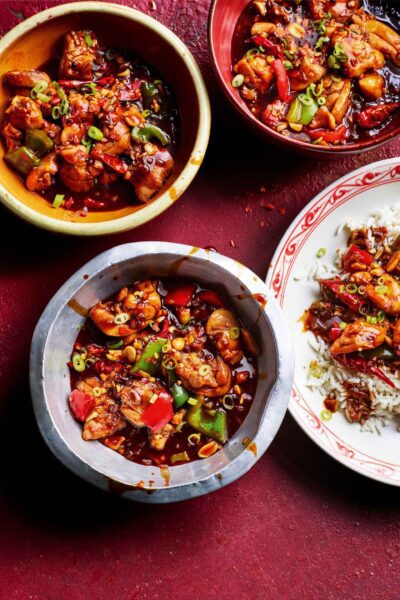 Authentic spicy kung pao chicken made with peanuts and spicy peppers.