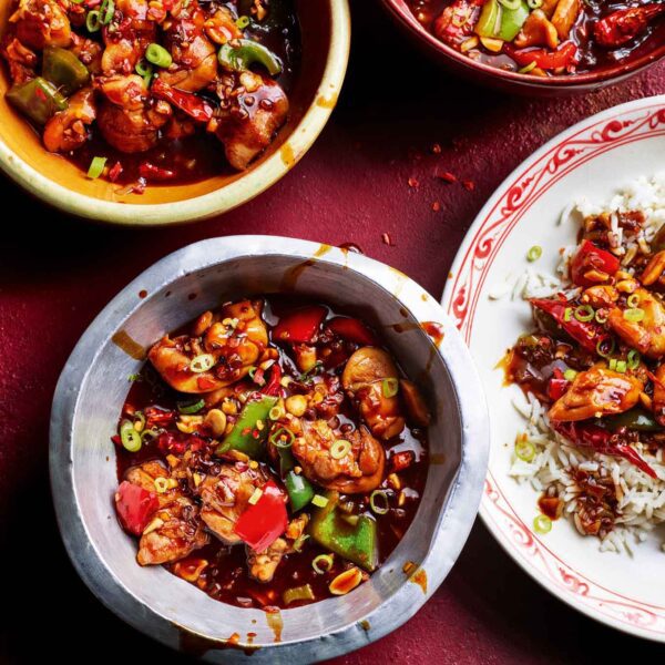 Authentic spicy kung pao chicken made with peanuts and spicy peppers.
