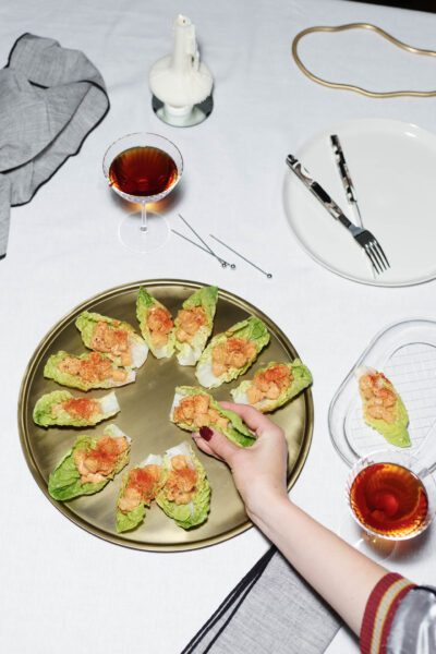 prawn (shrimp) cocktai cups are a play on the classic, served in baby gem lettuce cups for parties