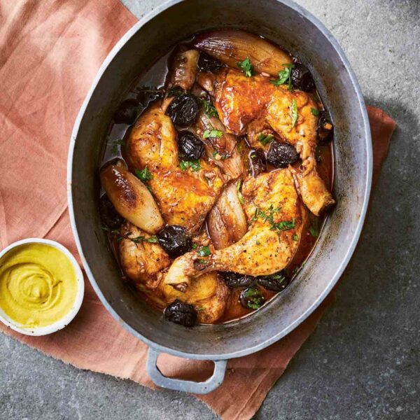 One pot chicken with Beaujolais prunes and shallot French recipe