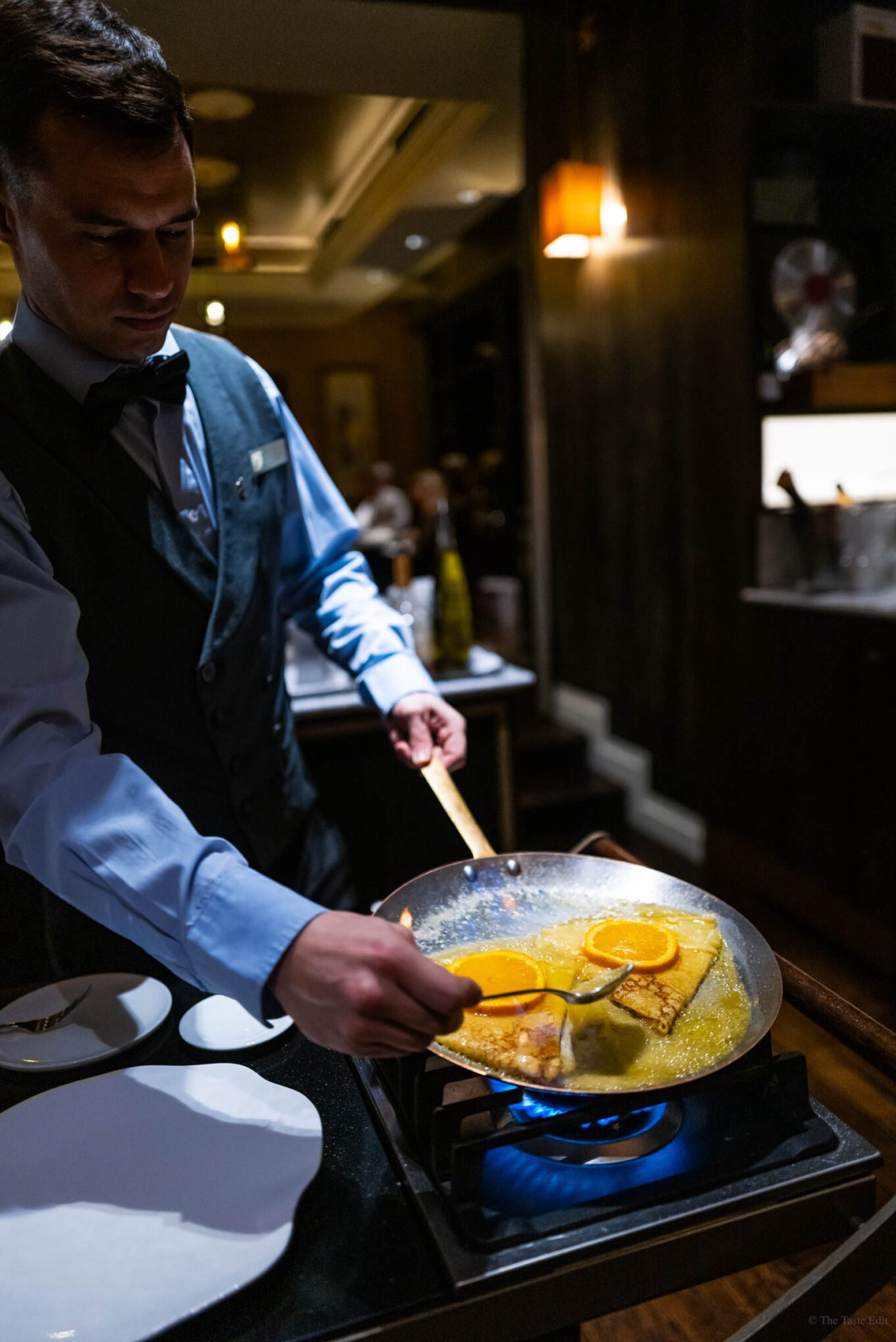 Crepes suzette being made to order at Montreux Jazz Cafe