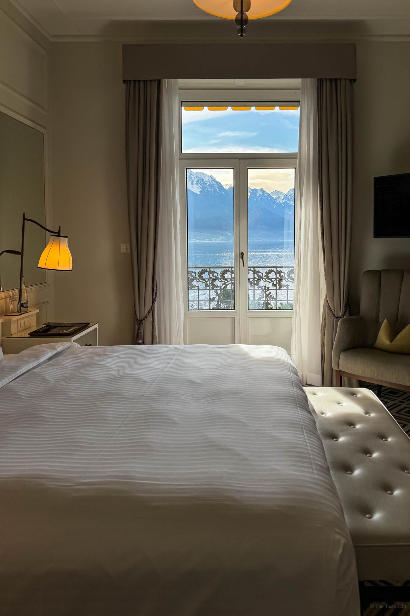 Lake view rooms at Fairmont Montreux Palace Hotel overlook the mountains and Lake Geneva