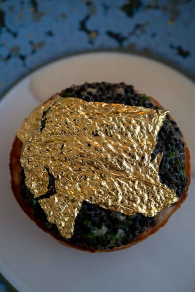 Pavyllon Monte-Carlo, a restaurant by Yannick Alléno langostine tart with caviar and gold leaf