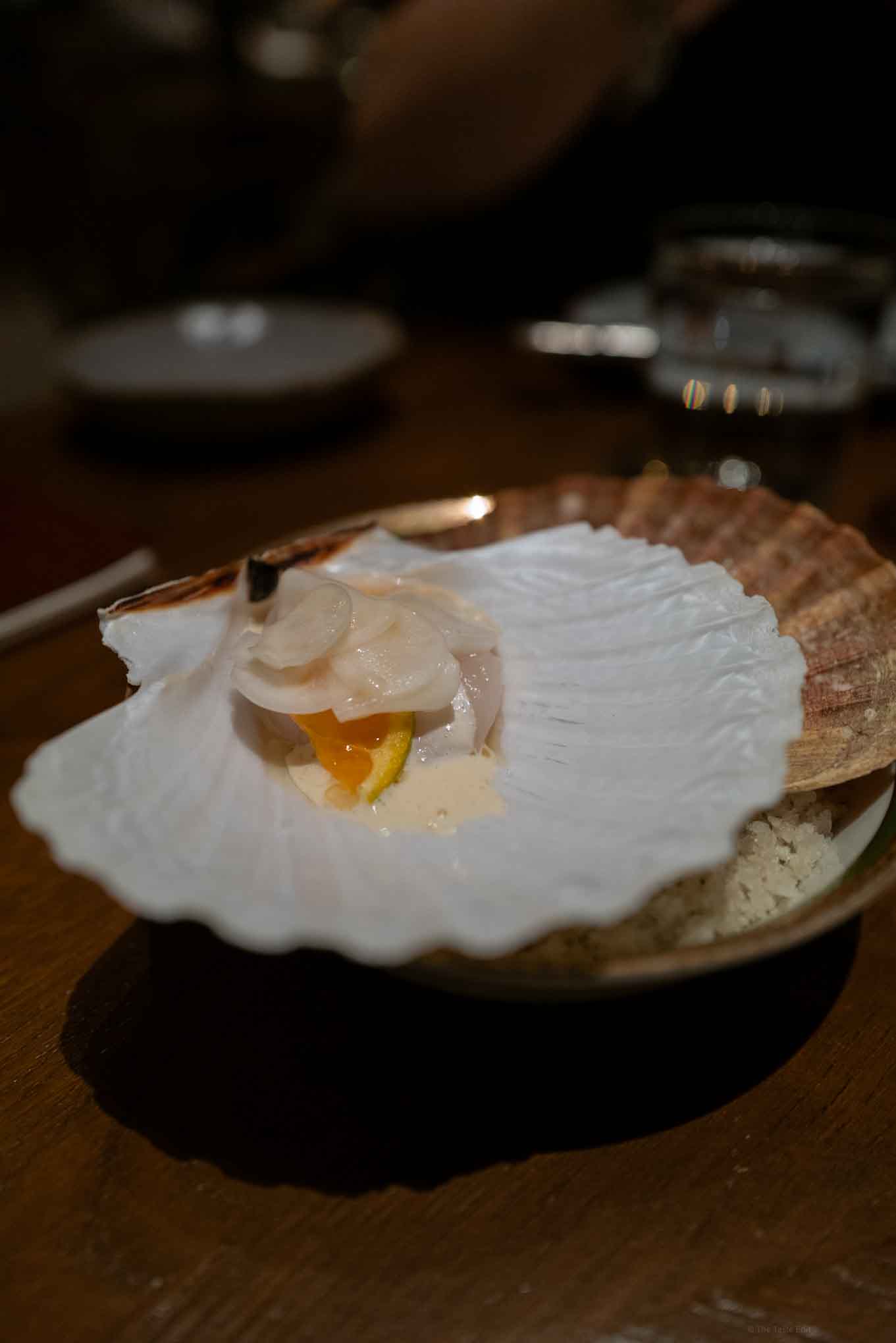  Le Doyenne Restaurant in France outside of Paris with natural wine and farm garden Scallop appetizer