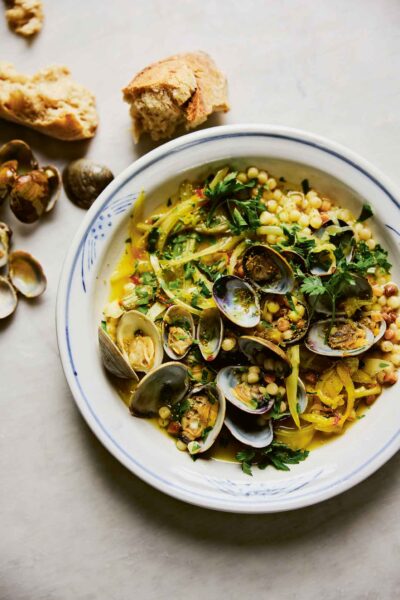 Clams with Fregola, Fennel Pollen and Saffron Broth