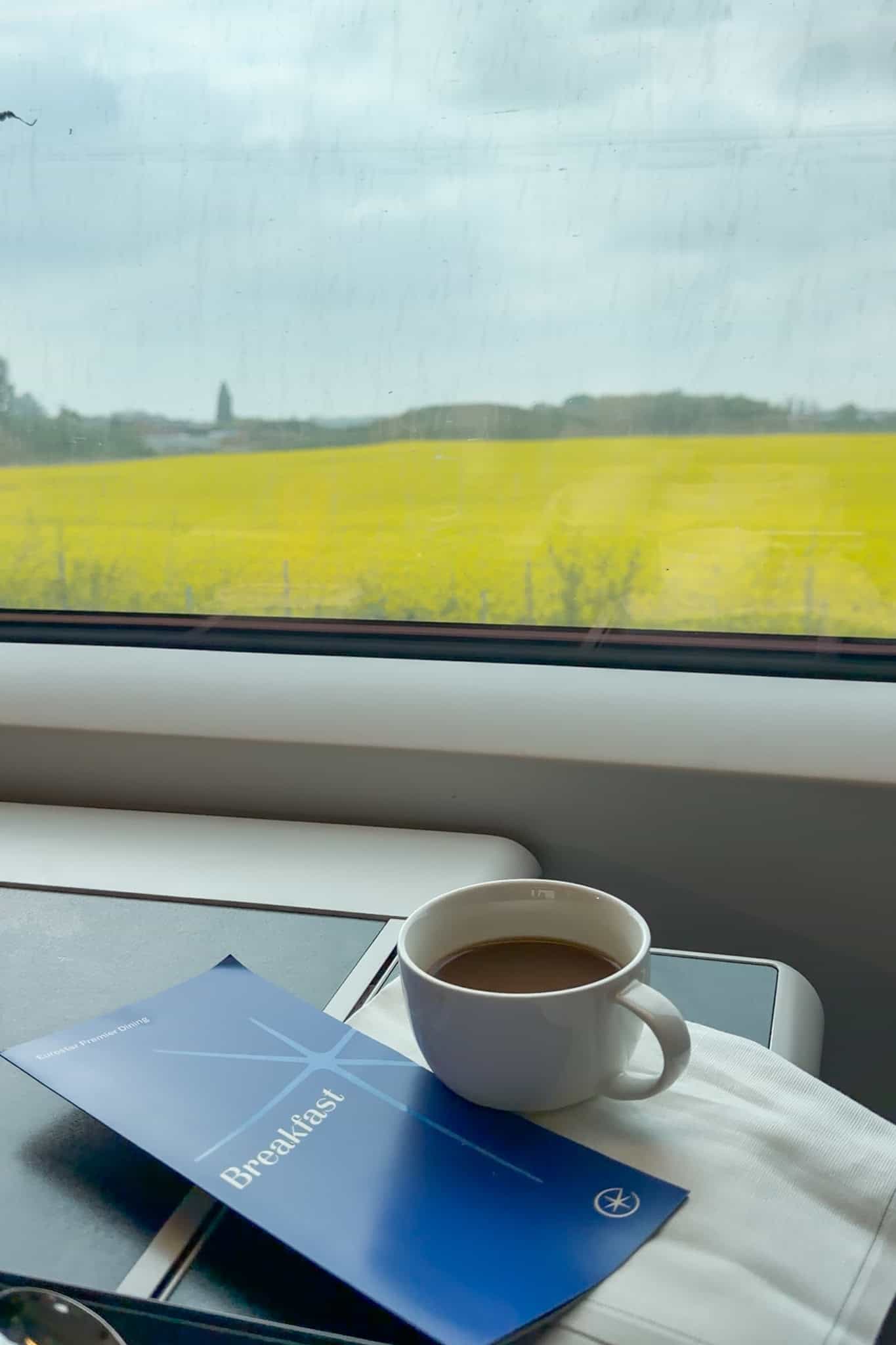 Eurostar Premier dining with coffee and scenic landscape view.