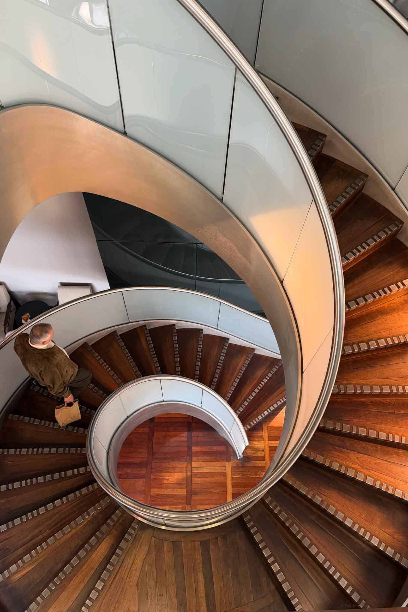 Modern spiral staircase with wooden steps and glass balustrade.