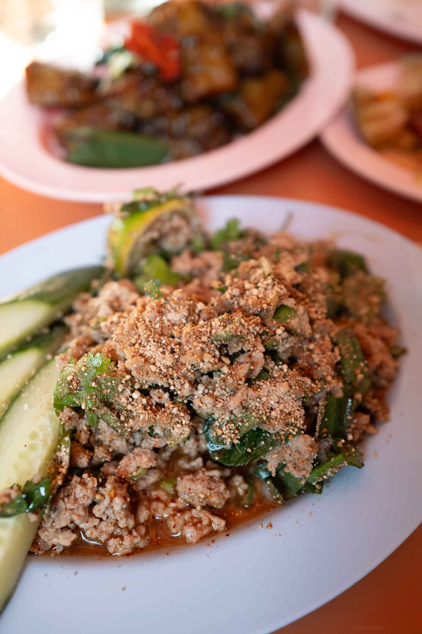 Delicious larb made with ground pork served with fresh cucumbers at Singburi Thai restaurant in London