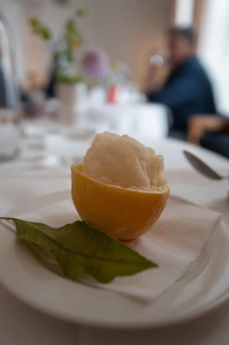 Refreshing lemon sorbet served in a lemon shell with a green leaf garnish.