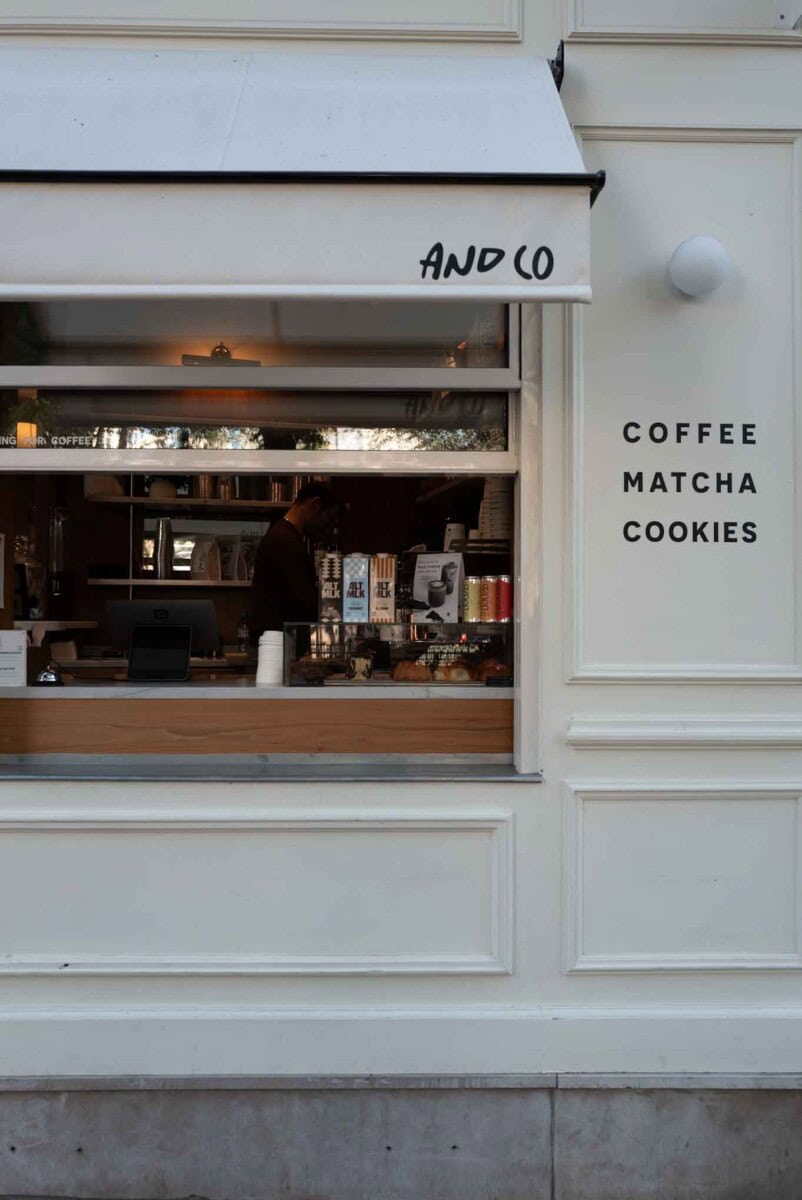 Cozy coffee shop serving matcha, cookies, and specialty beverages with a modern aesthetic.