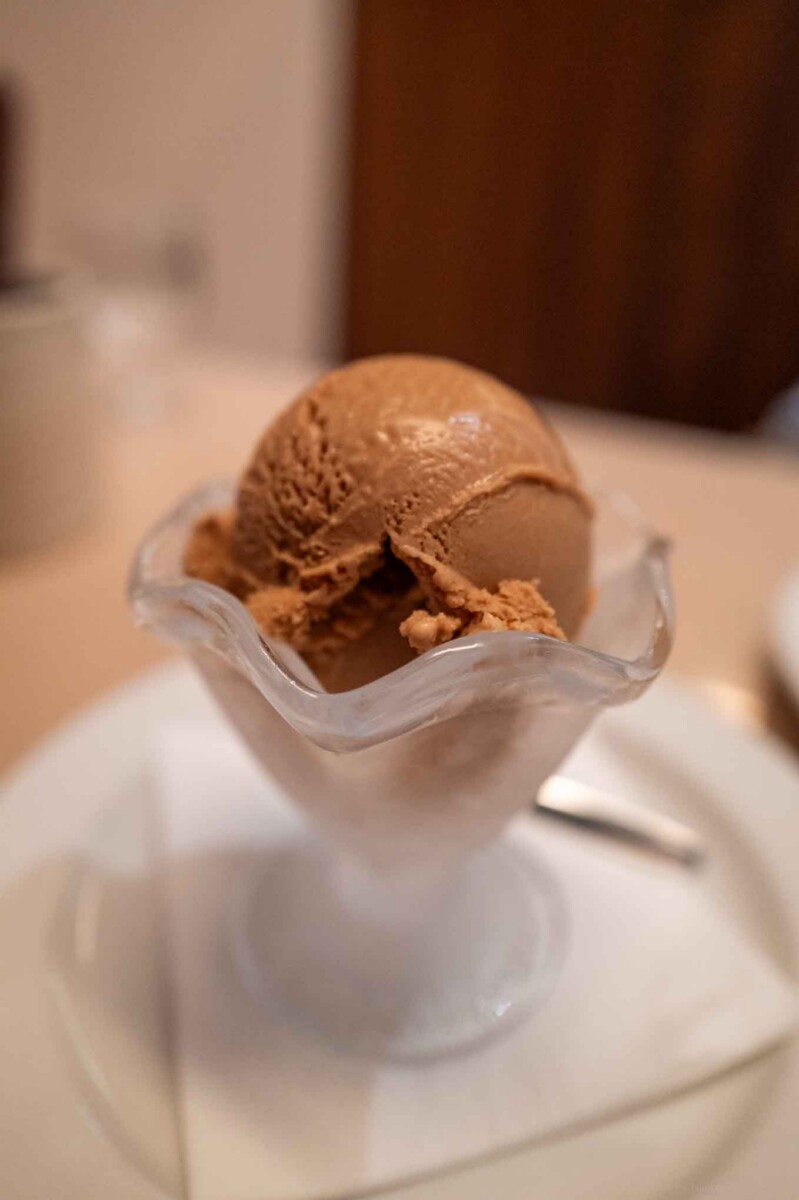 Delicious chocolate ice cream scoop served in an elegant glass dish, perfect for dessert lovers.