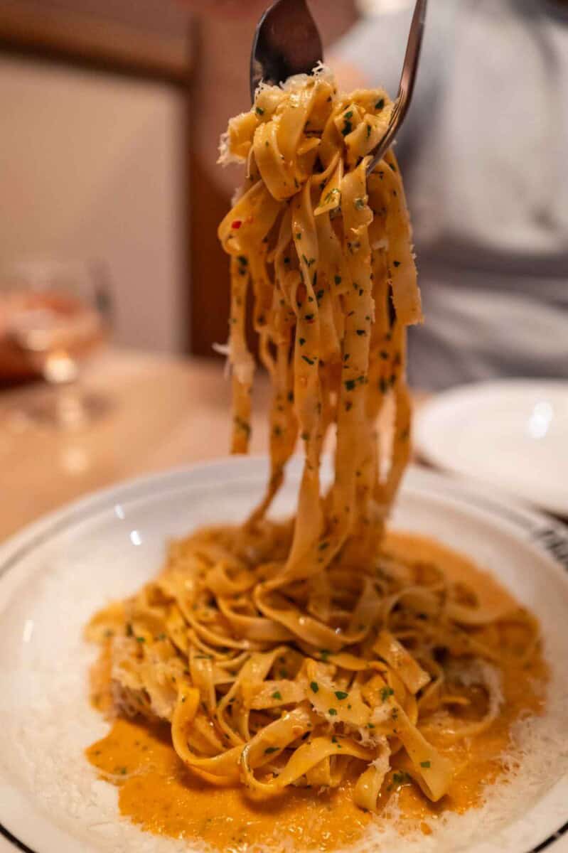 Delicious creamy tomato basil pasta served on a white plate, garnished with fresh herbs.