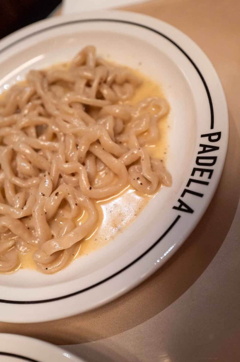 Delicious creamy pasta served on a PadeLla branded plate, showcasing a rich, smooth sauce and tender.