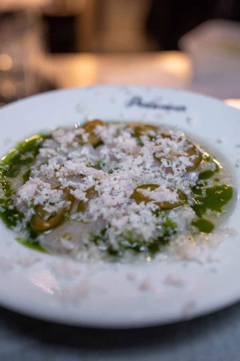 Fresh green pasta with ricotta cheese, herbs, and grated cheese on a white plate.